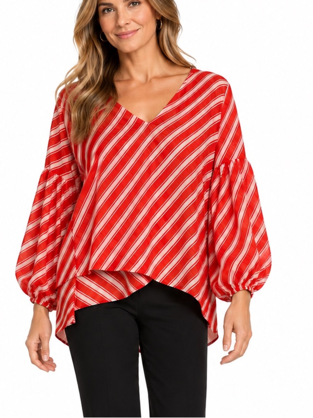 Vince Camuto Red White Striped V-Neck Balloon Sleeve Blouse Size Large